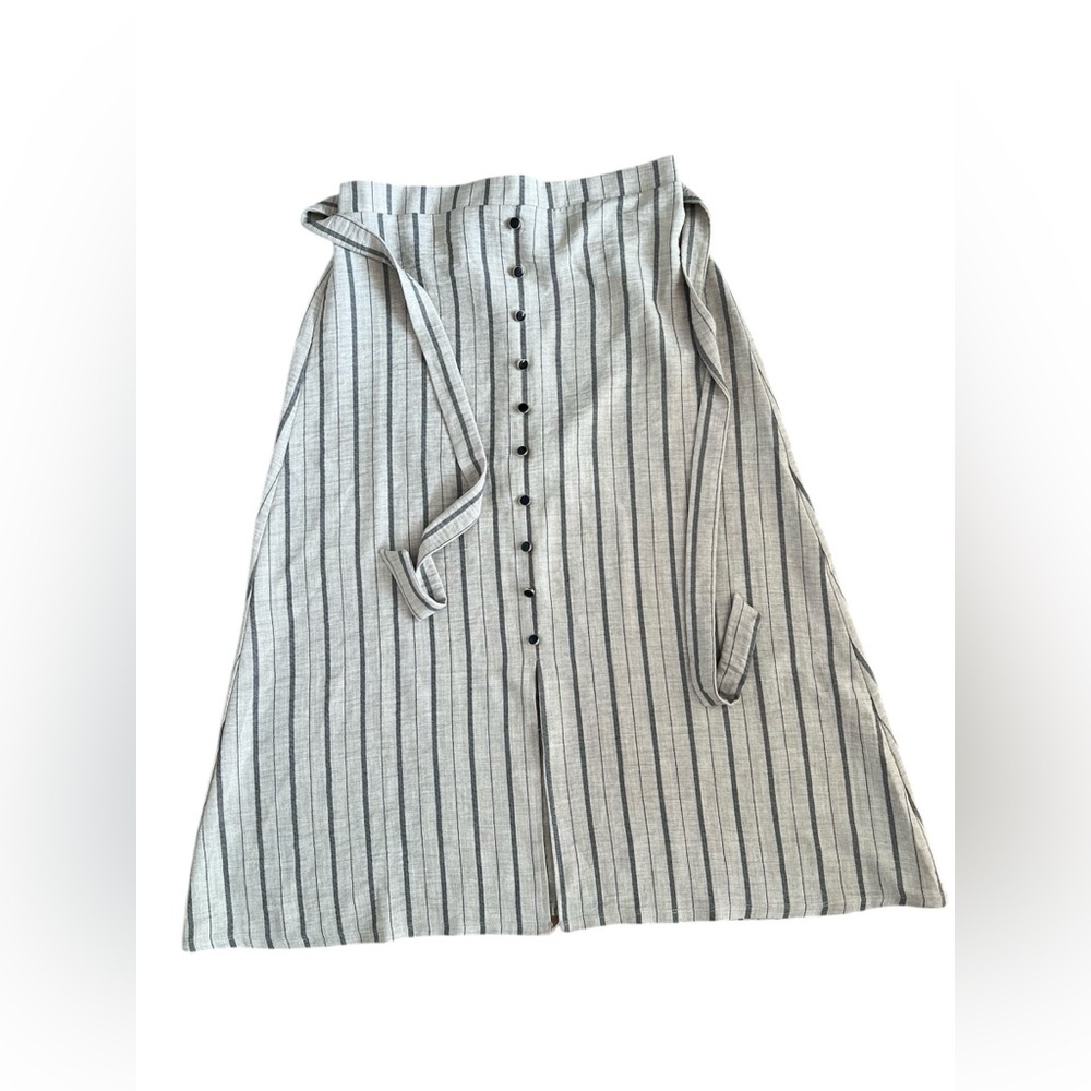 NYCC Beige Striped A-Line Midi Skirt with Tie and button Front - Picture 1 of 7